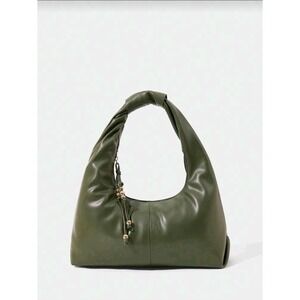 Olive Green Vegan Leather Twisted Handle Slouchy Hobo Shoulder Bag Gold Beads